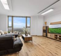 Living room in a 3-room apartment with a sofa, TV wall, and floor with wooden decor.
