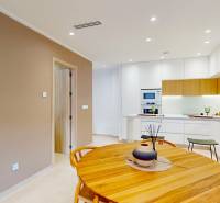 Recreational apartment with a kitchen, wood-patterned flooring, and a dining table.