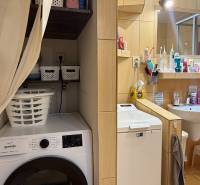 A bathroom in a 3-room apartment with a washing machine, shelves, and a sink, with a wooden decor floor.