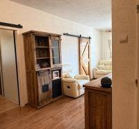 Living room in a 3-room apartment with a sofa and a wooden decor floor.