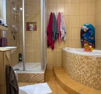 A bathroom with a wood-patterned floor, a shower corner, and a corner bathtub.