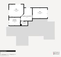 Floor plan of a family house with two rooms, a bathroom, and a hallway with a staircase.