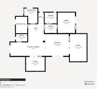 Floor plan of a family house with a kitchen, dining room, bedroom, living room, bathroom, and terrace.