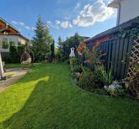 The garden of a family house on Jachtárska Street in Piešťany with a lawn and a hanging chair.