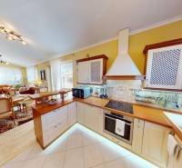 A kitchen unit in a family house with a dining table and a sofa, flooring with a wooden decor.