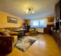 Living room in a family house with a wooden decor floor, sofa, and cabinet set.