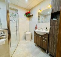 Bathroom in a family house with a glass shower enclosure and wooden decor cabinets.