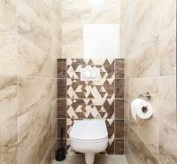 A bathroom in a 3-room apartment with patterned tiles and a wall-mounted toilet.