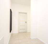 A hallway in a 3-room apartment with white walls and a light floor with a decor.