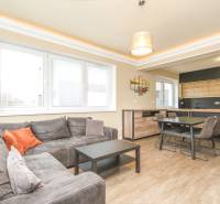 Living room with a sofa, kitchen, and wooden decor flooring in a 3-room apartment.