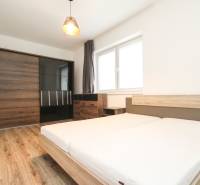 Bright bedroom with a wardrobe and a bed, wooden decor flooring, 3-room apartment.