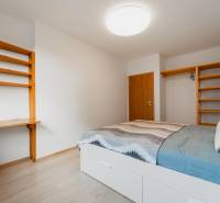 A bedroom in a two-room apartment with a bed, shelves, and a floor with a wood decor.