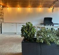 The exterior of the 3-room apartment features a terrace with a grill, lighting, and plants.