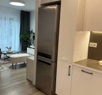 The kitchen of a 3-room apartment with a white kitchen unit, refrigerator, and wooden decor flooring.