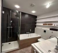 Bathroom with a bathtub, shower, and sink in a 3-room apartment, floor with a wooden decor.