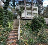 A house surrounded by greenery in Bratislava on Dolná Street with a staircase and tall trees.