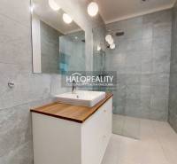 Modern bathroom with a shower, sink, and wooden decor flooring.