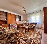 Living room in a family house with a sofa, carpet, wooden decor flooring, bookshelf.