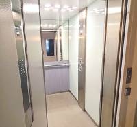 Open elevator with an internal mirror and lighting in a 3-room apartment.