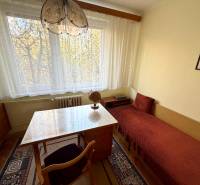 A room in a 3-room apartment with a desk, a bed, and a window overlooking greenery.