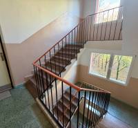 A staircase with a metal railing and windows, green floor in a building with a 3-room apartment.