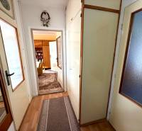 A hallway in a 3-room apartment with a wooden decor floor and a carpet runner.