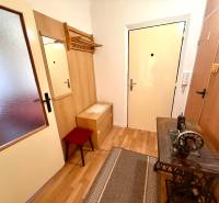 A hallway with a wooden decor floor in a 3-room apartment with a sewing machine.