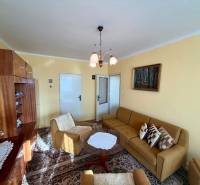 Living room in a three-room apartment with a sofa, an armchair, and wooden furniture.