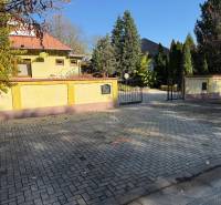 Commercial premises on Park Street and the main road in Veľké Ludince with a gate and trees.