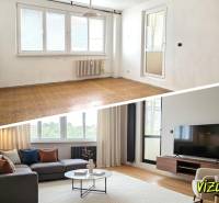 Original state and visualization of the living room in a one-room apartment with a wooden decor floor.