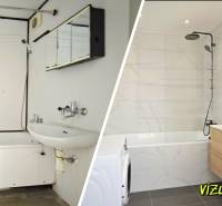 Comparison of the old and new bathroom with a shower and sink in a studio apartment.