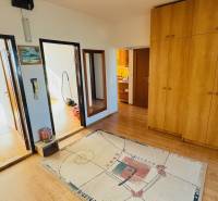 A hallway in a 4-room apartment with a wooden decor floor and a large wardrobe.