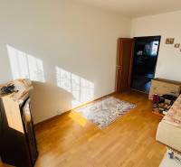 A room in a 4-room apartment, wooden decor flooring, carpet, sofa, furniture.