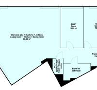 Floor plan of a 3-room apartment with a terrace, living room, bathroom, and two bedrooms.