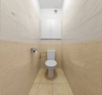 A bathroom with tiles in a 2-room apartment, cream tiles on the wall.