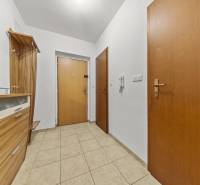 Entrance hallway in a 2-room apartment with wooden furniture and tiles.