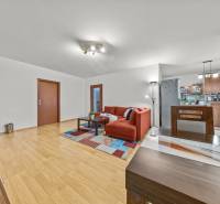 Living room with a red sofa and a wooden decor floor in a 2-room apartment.