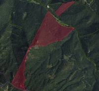 Aerial view of agricultural and forest lands around Necpaly, marked in red.