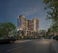 Night scene of a building in Downtown Jabel Ali, illuminated trees and a parked car.