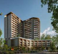 A high-rise building in Downtown Jabel Ali surrounded by greenery and cars on the road.