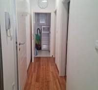 A hallway in a 3-room apartment with a wooden decor floor and white doors.