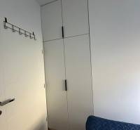 White wardrobe, floor with wood decor, wall hanger in a 3-room apartment.