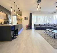 Spacious living room with kitchen in a family house, wooden decor flooring, large sofa.