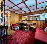 Interior of a cabin with wooden paneling, red carpet, and a table with chairs.
