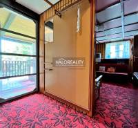 A cottage with a terrace and a red carpet, stone elements, and wooden wall decor.