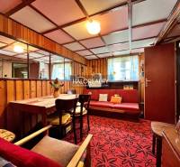 Interior of a cabin with a sofa set, wooden wall decor, and flowers on the table.
