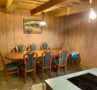Interior with wooden decor, dining table and chairs, recreational grounds.