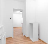 A bright room in a one-bedroom apartment with wood-patterned flooring and white walls.