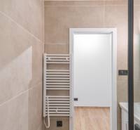 A bathroom with light tiles and a ladder radiator in a studio apartment.
