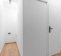 A narrow hallway with white walls in a one-room apartment, flooring with a wooden decor.